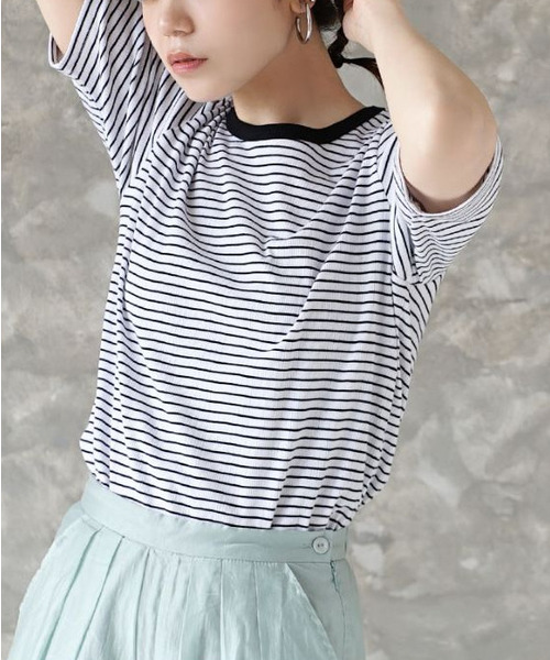 e-zakkamania stores(イーザッカマニアストアーズ)の「テレコリブ ハーフスリーブプルオーバー(Tシャツ/カットソー・レディース・オフホワイト/ホワイト×ブラック/ブラック・フリー)」の17枚目の写真