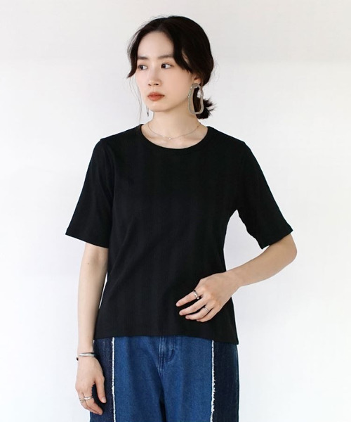 e-zakkamania stores(イーザッカマニアストアーズ)の「テレコリブ ハーフスリーブプルオーバー(Tシャツ/カットソー・レディース・オフホワイト/ホワイト×ブラック/ブラック・フリー)」の19枚目の写真