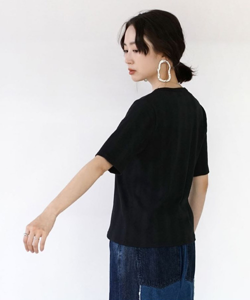 e-zakkamania stores(イーザッカマニアストアーズ)の「テレコリブ ハーフスリーブプルオーバー(Tシャツ/カットソー・レディース・オフホワイト/ホワイト×ブラック/ブラック・フリー)」の20枚目の写真