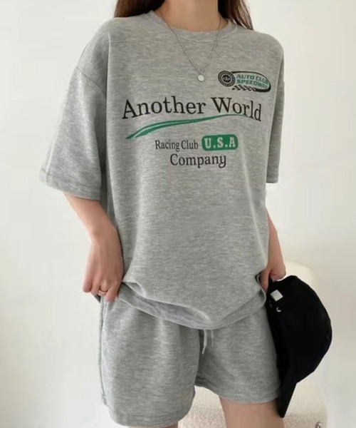 CANVAS+(キャンバスプラス)の「【CANVAS+】RacingプリントTシャツ×ショートパンツSET(セットアップ・レディース・ブラック/ライトグレー/グレー・M)」の1枚目の写真