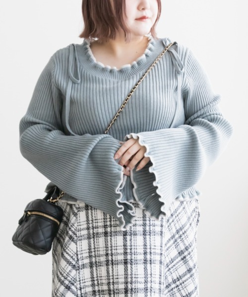 CLETTE（クレット）の「配色使いリボン付きリブニット（ニット/セーター・レディース・グリーン/グレイッシュベージュ/ブラック・LL/3L/4L）」の3枚目の写真
