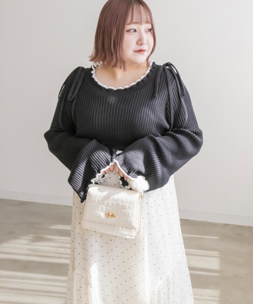 CLETTE（クレット）の「配色使いリボン付きリブニット（ニット/セーター・レディース・グリーン/グレイッシュベージュ/ブラック・LL/3L/4L）」の4枚目の写真