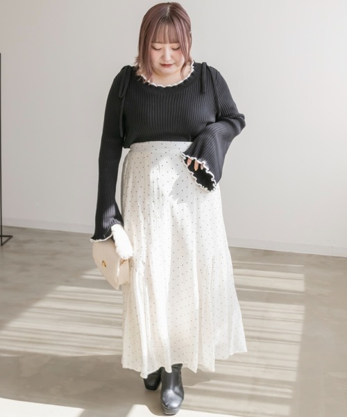 CLETTE（クレット）の「配色使いリボン付きリブニット（ニット/セーター・レディース・グリーン/グレイッシュベージュ/ブラック・LL/3L/4L）」の6枚目の写真