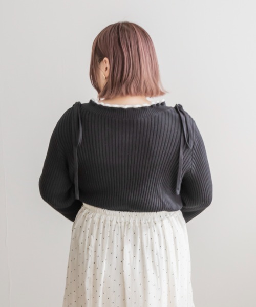 CLETTE（クレット）の「配色使いリボン付きリブニット（ニット/セーター・レディース・グリーン/グレイッシュベージュ/ブラック・LL/3L/4L）」の8枚目の写真