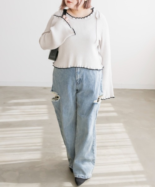CLETTE（クレット）の「配色使いリボン付きリブニット（ニット/セーター・レディース・グリーン/グレイッシュベージュ/ブラック・LL/3L/4L）」の12枚目の写真
