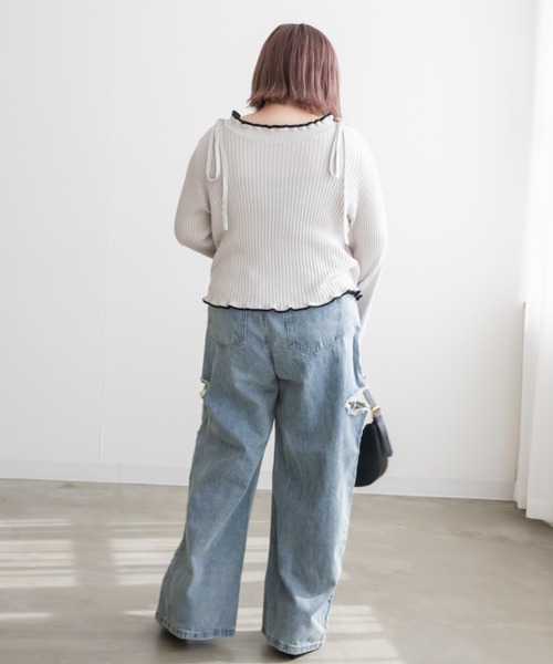CLETTE（クレット）の「配色使いリボン付きリブニット（ニット/セーター・レディース・グリーン/グレイッシュベージュ/ブラック・LL/3L/4L）」の15枚目の写真