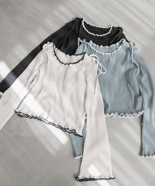 CLETTE（クレット）の「配色使いリボン付きリブニット（ニット/セーター・レディース・グリーン/グレイッシュベージュ/ブラック・LL/3L/4L）」の16枚目の写真