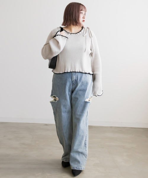 CLETTE（クレット）の「配色使いリボン付きリブニット（ニット/セーター・レディース・グリーン/グレイッシュベージュ/ブラック・LL/3L/4L）」の13枚目の写真