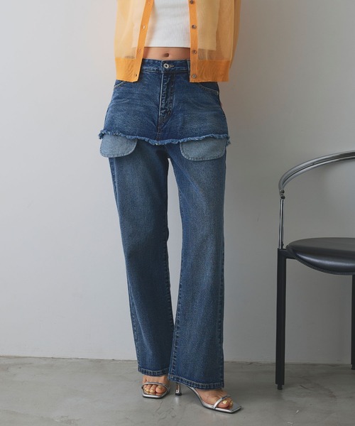 ELLEgirl（エルガール）の「アウトポケットレイヤードデニム【ELLEgirl/エルガール】（デニムパンツ・レディース・ブラック/インディゴブルー・S/M/L）」の2枚目の写真