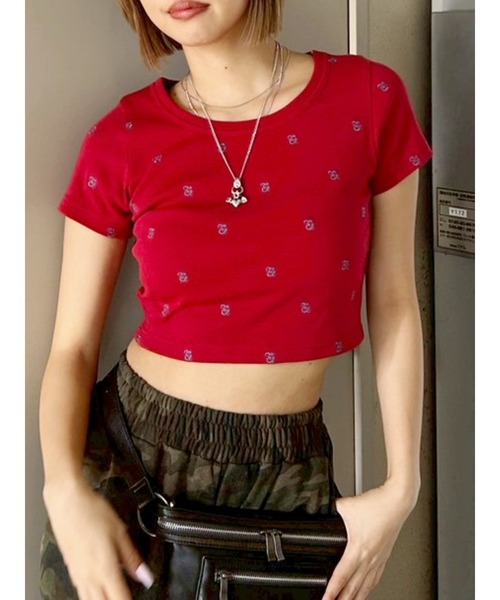 EVRIS（エヴリス）の「エンブロイダリーショートTシャツ（Tシャツ/カットソー・レディース・レッド/ホワイト/ブラック/カーキ・FREE）」の4枚目の写真