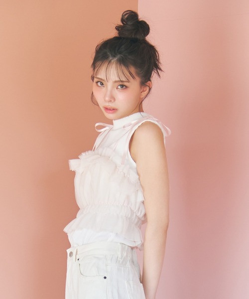 REDYAZEL（レディアゼル）の「チュールビスチェｘノースリカットソー（Tシャツ/カットソー・レディース・オフホワイト/ピンク/ネイビー/ブラック・FREE）」の9枚目の写真