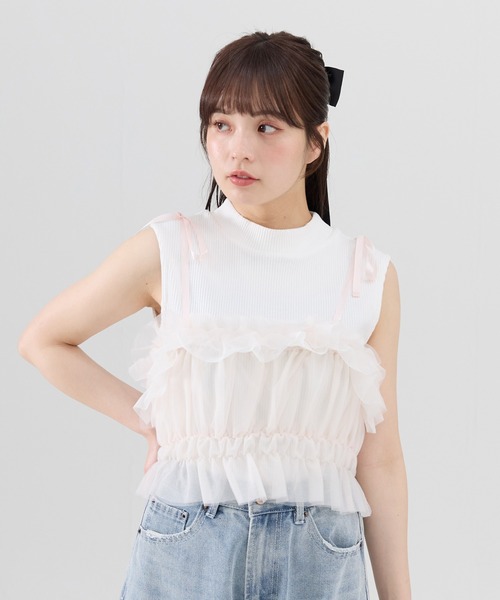 REDYAZEL（レディアゼル）の「チュールビスチェｘノースリカットソー（Tシャツ/カットソー・レディース・オフホワイト/ピンク/ネイビー/ブラック・FREE）」の11枚目の写真