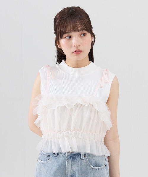 REDYAZEL（レディアゼル）の「チュールビスチェｘノースリカットソー（Tシャツ/カットソー・レディース・オフホワイト/ピンク/ネイビー/ブラック・FREE）」の6枚目の写真