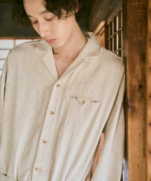 open collar cotton linen belted l/s jump suit / コットン