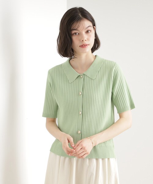 THE SHOP TK (ザ ショップ ティーケー )の「リブニットポロシャツ【洗濯機OK】(ニット/セーター・レディース・ブラック/グリーン系/アイボリー・12/13)」の1枚目の写真