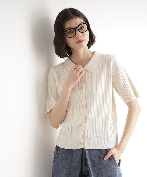 THE SHOP TK (ザ ショップ ティーケー )の「リブニットポロシャツ【洗濯機OK】(ニット/セーター・レディース・ブラック/グリーン系/アイボリー・12/13)」の2枚目の写真