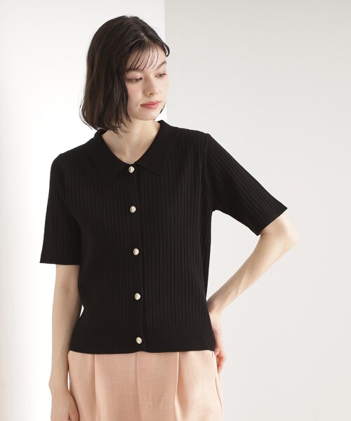 THE SHOP TK (ザ ショップ ティーケー )の「リブニットポロシャツ【洗濯機OK】(ニット/セーター・レディース・ブラック/グリーン系/アイボリー・12/13)」の3枚目の写真