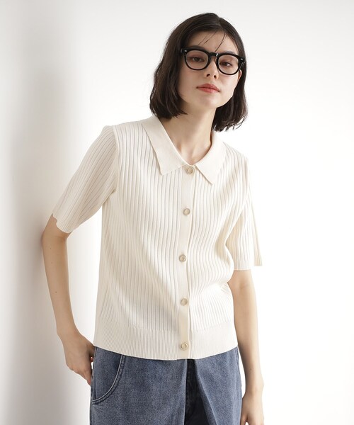 THE SHOP TK (ザ ショップ ティーケー )の「リブニットポロシャツ【洗濯機OK】(ニット/セーター・レディース・ブラック/グリーン系/アイボリー・12/13)」の6枚目の写真