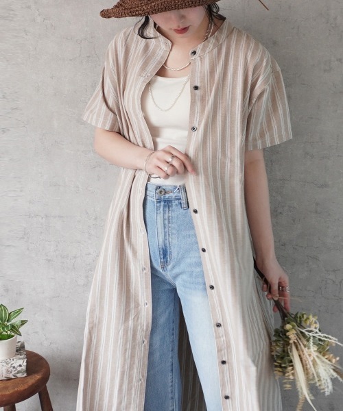 Emma（SELECT LEVERY）（エマ セレクトリベリー）の「マルチストライプシャツワンピース（シャツワンピース・レディース・ベージュ/イエロー・LARGE/MEDIUM）」の3枚目の写真