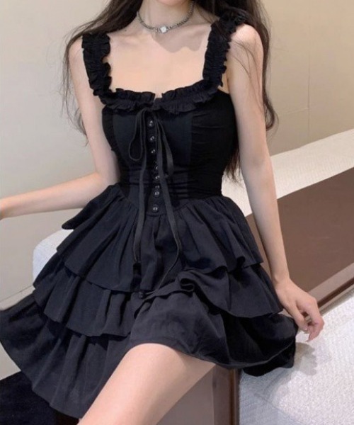 Mejoul（メジュール）の「ティアードフリルミニキャミワンピース（ワンピース・レディース・ブラック・S/M）」の6枚目の写真