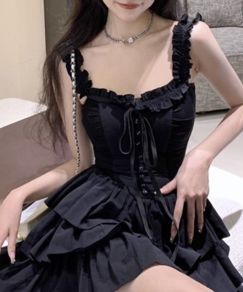 Mejoul（メジュール）の「ティアードフリルミニキャミワンピース（ワンピース・レディース・ブラック・S/M）」の7枚目の写真