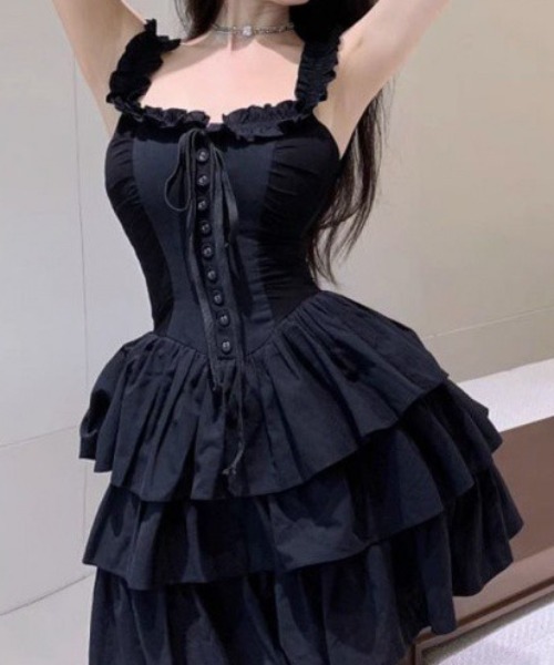 Mejoul（メジュール）の「ティアードフリルミニキャミワンピース（ワンピース・レディース・ブラック・S/M）」の2枚目の写真