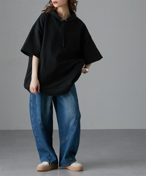 Soiunique（スワユニーク）の「綿１００％厚手素材ゆったりサイズフード付き半袖パーカー　［Soiunique］（パーカー・レディース・イエロー系/杢グレー/ブラック・S～Ｍ/L～LL）」の6枚目の写真