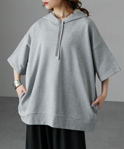 Soiunique（スワユニーク）の「綿１００％厚手素材ゆったりサイズフード付き半袖パーカー　［Soiunique］（パーカー・レディース・イエロー系/杢グレー/ブラック・S～Ｍ/L～LL）」の9枚目の写真