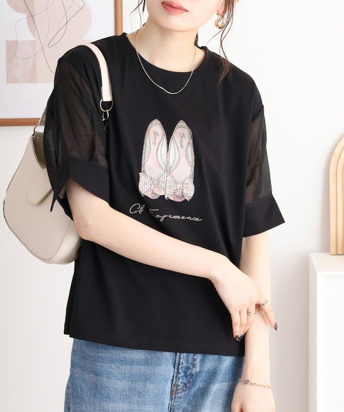 アンナニコラ Anna Nicola パール付き半袖ロゴTシャツ （ブラック） アンナニコラ Anna Nicola パール付き半袖ロゴTシャツ