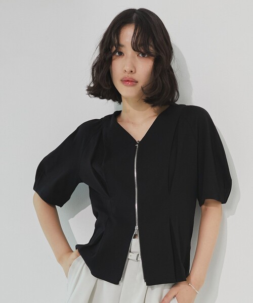 tシャツ ジップアップペプラムトップス｜細見え/ウォッシャブル/Tシャツ/半袖/夏服 レディース ジップアップペプラムトップス｜細見え/ウォッシャブル/Tシャツ