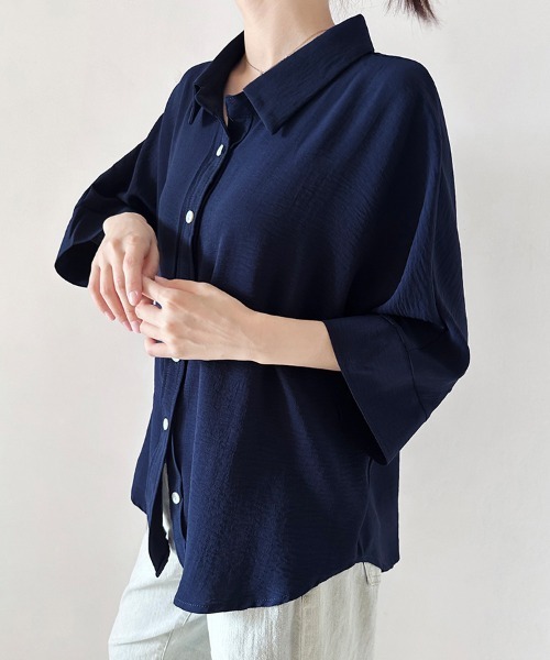 ONEP STAR(ワンピスター)の「7分袖ポンチョ風シャツブラウス(シャツ/ブラウス・レディース・ベージュ/ネイビー/ホワイト/ブラウン/グレー/ブラック/カーキ・FREE)」の7枚目の写真