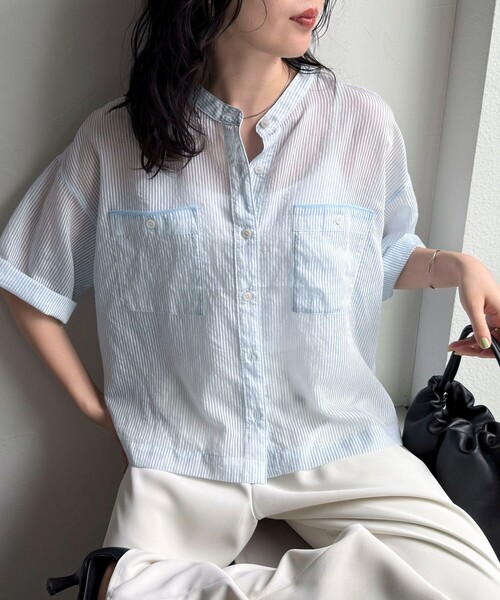 fredy emue(フレディエミュ)の「半袖シアーストライプシャツ(シャツ/ブラウス・レディース・イエロー系その他/ブルー系その他・38)」の2枚目の写真