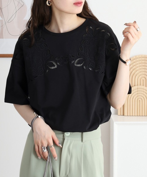 セール】花柄カットワーク刺繍ルーズカットソー（Tシャツ