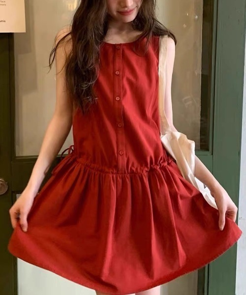 セール】ウエストリボンギャザーノースリーブワンピース（ワンピース