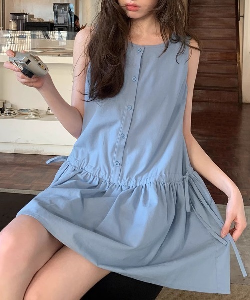 セール】ウエストリボンギャザーノースリーブワンピース（ワンピース