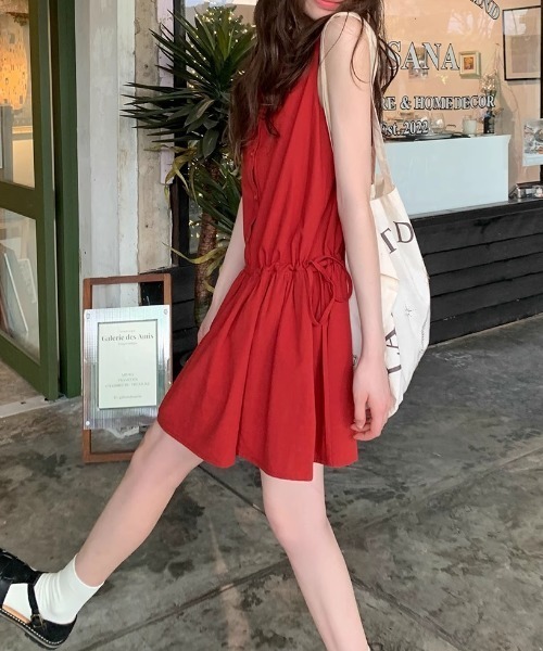 セール】ウエストリボンギャザーノースリーブワンピース（ワンピース