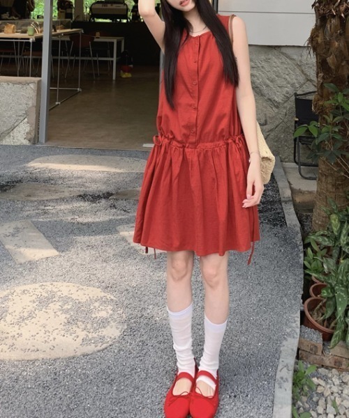 セール】ウエストリボンギャザーノースリーブワンピース（ワンピース