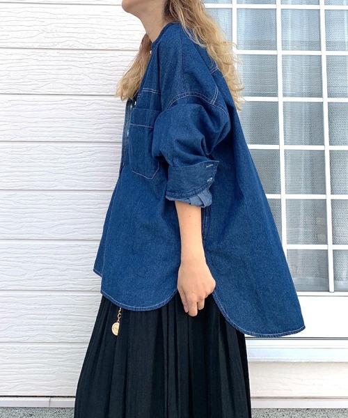 Q（キュー）の「バンドカラーデニムシャツ（シャツ/ブラウス・レディース・ブラック/ネイビー・MEDIUM）」の16枚目の写真