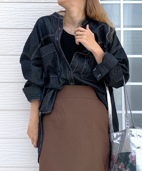 Q（キュー）の「バンドカラーデニムシャツ（シャツ/ブラウス・レディース・ブラック/ネイビー・MEDIUM）」の18枚目の写真