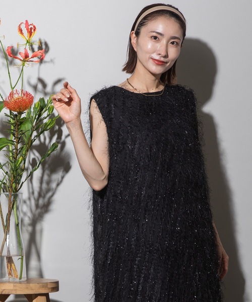 lodie(ロディ)の「フリンジジャガード ワンピース(ドレス・レディース・ブラック/アイボリー・FREE)」の8枚目の写真