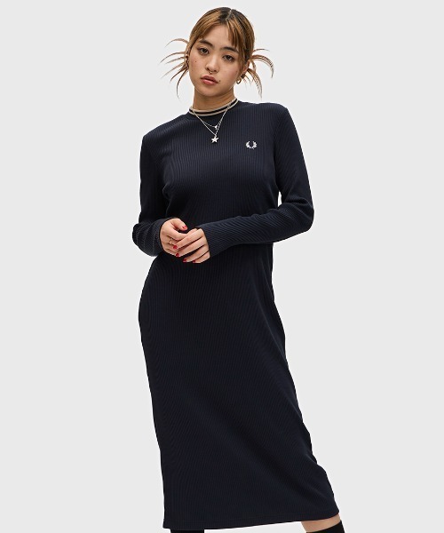 Tipped Mock Neck Ribbed Dress／モックネックリブワンピース
