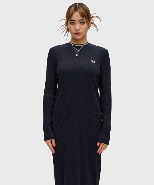 セール】Tipped Mock Neck Ribbed Dress／モックネックリブワンピース