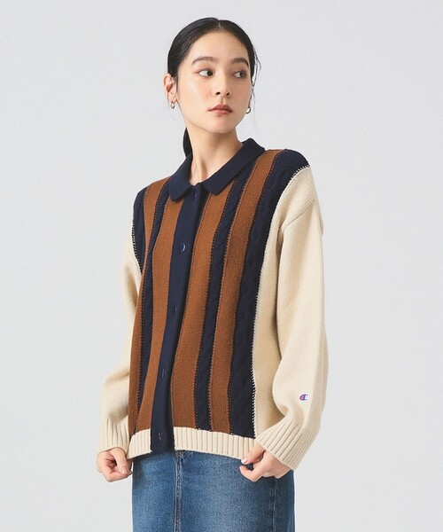 Ray BEAMS（レイビームス）の「【別注】Champion / ニット カーディガン [手洗い可]（カーディガン/ボレロ・レディース・バーガンディー/ベージュ・MEDIUM）」の2枚目の写真