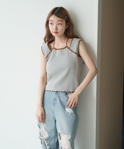 Kastane（カスタネ）の「配色パイピングアメスリタンク（タンクトップ・レディース・サックスブルー/アイボリー/ブラウン・FREE）」の4枚目の写真