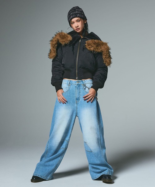 X-girl フェイクファーフードジャケット LOGO PATCHED FAUX FUR HOODED JACKET（ブルゾン）｜X-girl（エックス