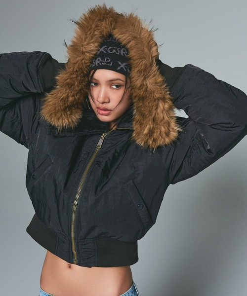 X-girl（エックスガール）の「FAUX FUR HOODED JACKET（ナイロンジャケット・レディース・グレー/ブラック・S/M）」の3枚目の写真