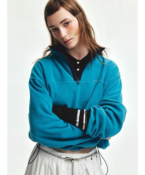 LILY BROWN(リリーブラウン)の「ハーフジップロゴ刺繍フリーストップス(Tシャツ/カットソー・レディース・アイボリー/ターコイズブルー/グレー・F)」の4枚目の写真