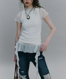 NOT KNOWING（ノットノーイング）の「【NOT KNOWING】Dot Mesh Ruffle Top / 【ノットノーイング】ドットメッシュラッフル半袖Tシャツ（その他トップス）」