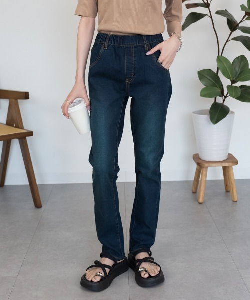RCD(アールシーディー)の「紐付きウエストゴムデニムパンツ(デニムパンツ・レディース・ネイビー/ワンウォッシュ/ブルー・M/LL/4L/L/3L)」の1枚目の写真
