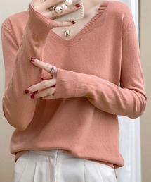 Vネックニットソー ニットセーター カジュアルトップス秋冬新作 セーター薄手 オフィス フェミニン